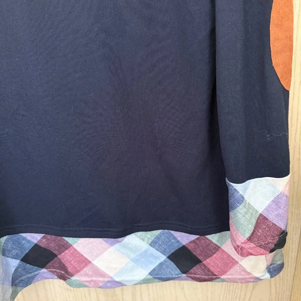Cowl Neck LS Tunic Top XL Faux Suede Elbow Patches Plaid Cabincore Dark Academia